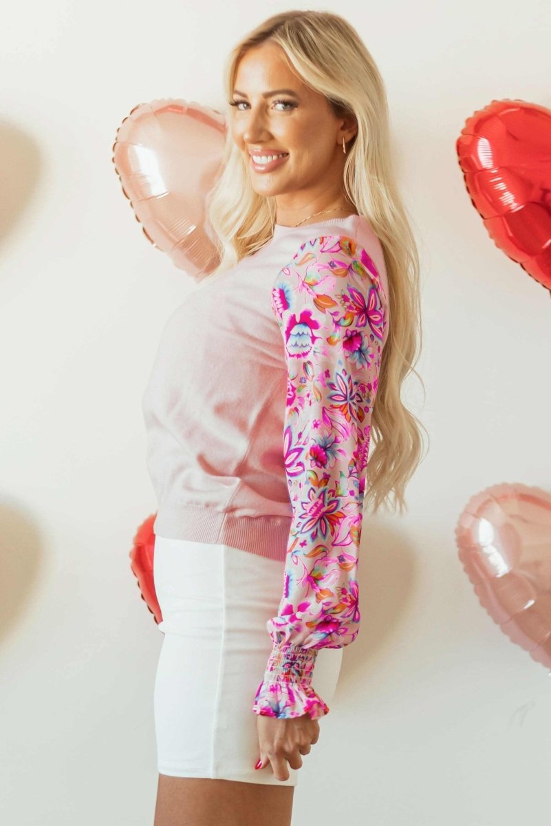 Oatmeal Floral Patchwork Smocked Long Sleeve Knit Top - Love Salve
